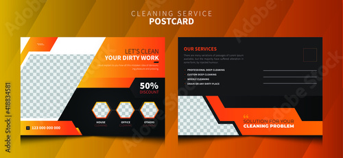 Cleaning service postcard template design. Postcard Design for cleaning business. Home Cleaning, Office Cleaning services company. 
