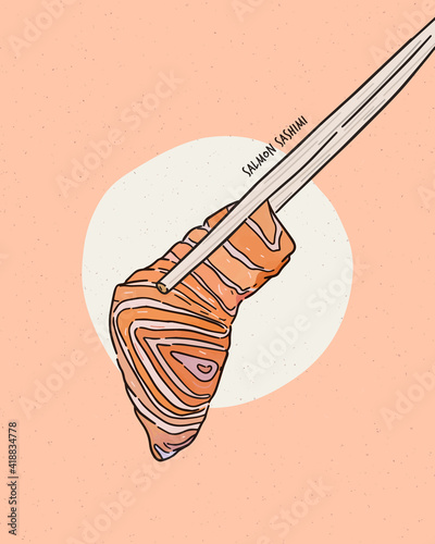 Hand holding salmon sashimi using chopsticks - Raw fresh salmon sliced, Japanese food. Hand draw sketch vector.