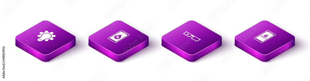 Set Isometric Light bulb and gear, Humidity for smart home, Smart glasses and Mobile password protection icon. Vector. Set Isometric Light bulb and gear, Humidity for smart home, Smart glasses and Mobile password protection icon. Vector.