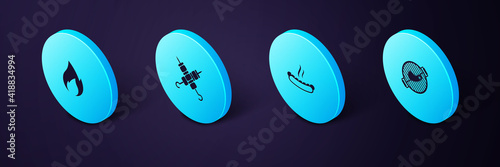 Set Isometric Barbecue grill with steak, Hotdog sandwich, Grilled shish kebab and Fire flame icon. Vector.