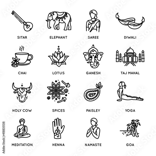 India vector thin line icon set - national symbols of India