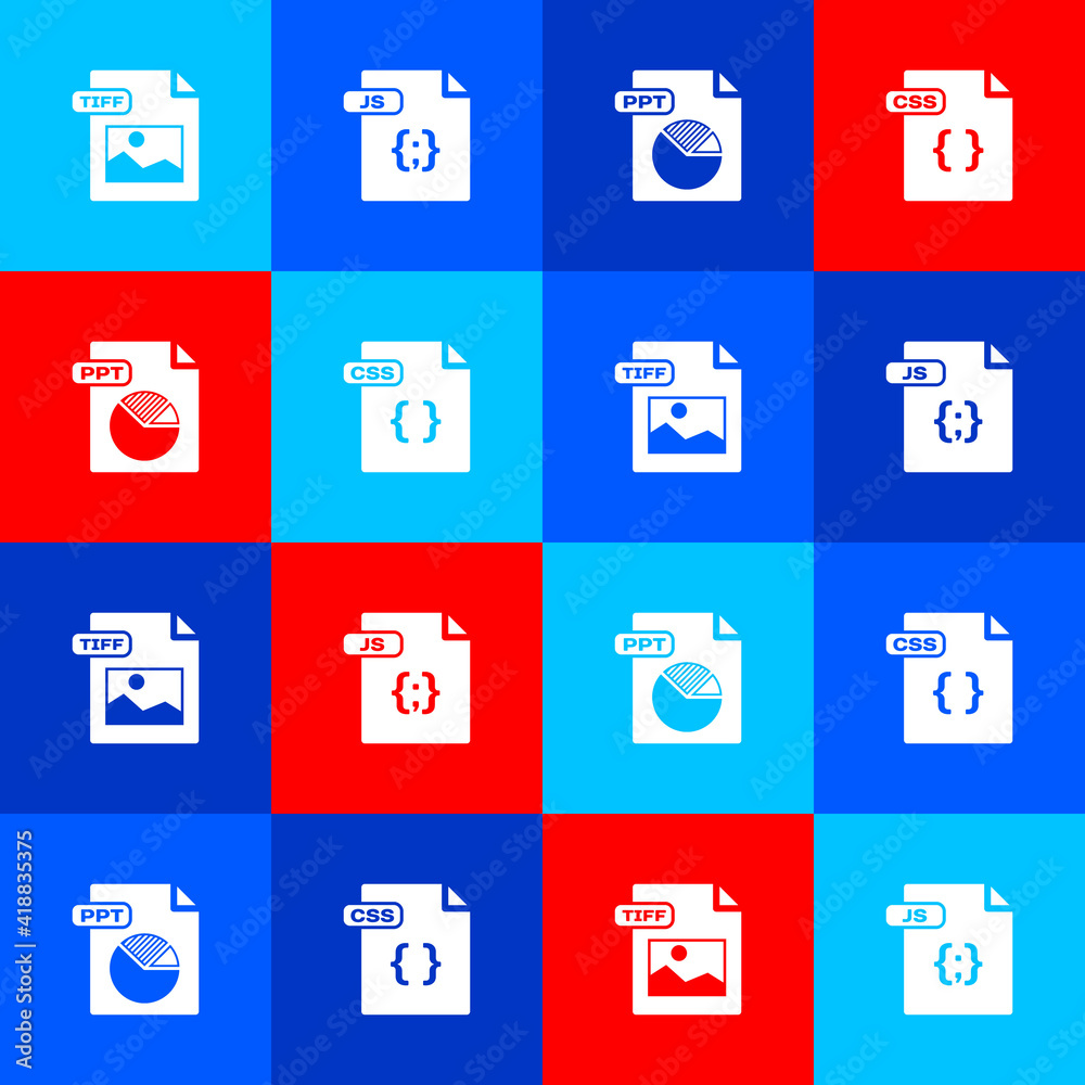 Set TIFF file document, JS, PPT and CSS icon. Vector. Set TIFF file document, JS, PPT and CSS icon. Vector.