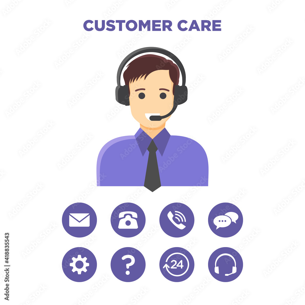 Flat vector illustration of an avatar of a customer service officer. Suitable for design element from customer complaint webpage, company hotline, and online help. Support center icon set.