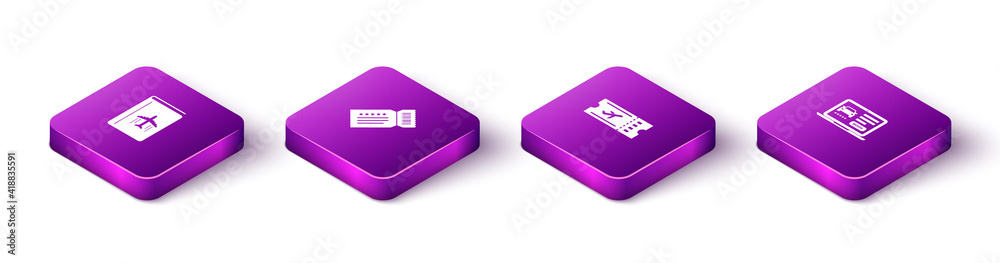 Set Isometric Cover book travel guide, Ticket, Airline ticket and Online car sharing icon. Vector. Set Isometric Cover book travel guide, Ticket, Airline ticket and Online car sharing icon. Vector.