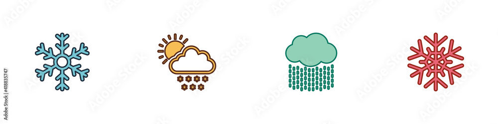 Set Snowflake, Cloud with snow and sun, rain and icon. Vector. Set Snowflake, Cloud with snow and sun, rain and icon. Vector.