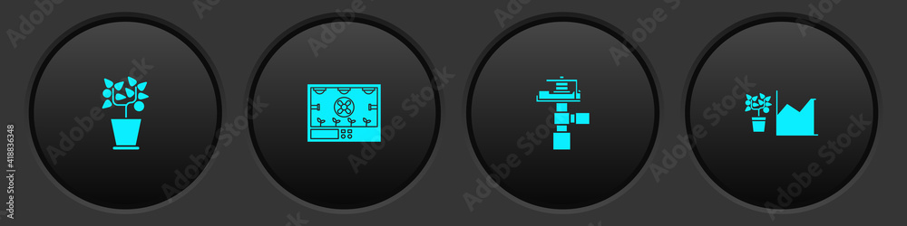 Set Plant in pot, Smart farming technology, Automatic irrigation sprinklers and Flower statistics icon. Vector. Set Plant in pot, Smart farming technology, Automatic irrigation sprinklers and Flower statistics icon. Vector.