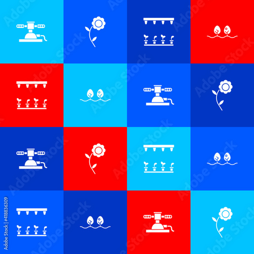 Set Automatic irrigation sprinklers, Flower, and Plant icon. Vector.