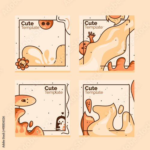 Four sets cute happy cartoon doodle illustration, social media template post for promotion. template post for ads. Advertising, banner, paper, frame.