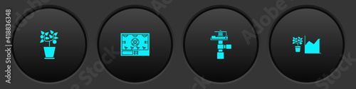 Set Plant in pot, Smart farming technology, Automatic irrigation sprinklers and Flower statistics icon. Vector.