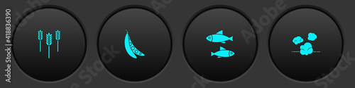 Set Wheat, Kidney beans, Fish and Dust icon. Vector.