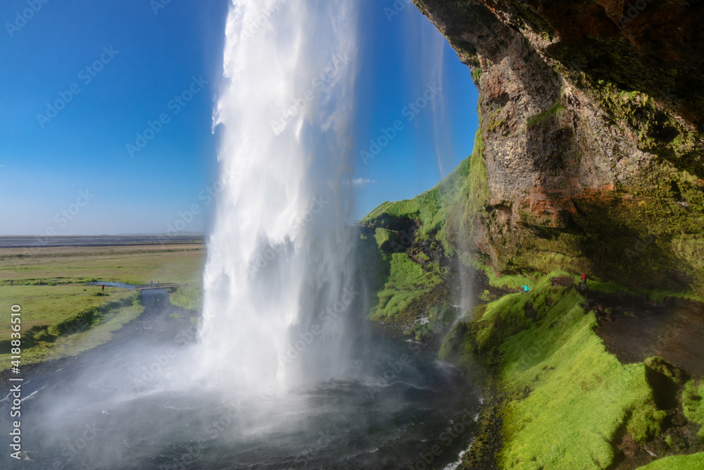 Beautiful Seljalandsfoss waterfall in Iceland, icelandic summer nature and river landscape 
