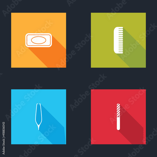 Set Bar of soap, Hairbrush, Eyebrow tweezers and Nail file icon. Vector.