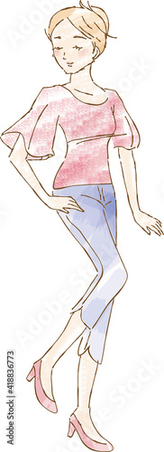 手描き_女性イラスト_全身_アップ_おしゃれ_手描き_春_夏_アクティブ_カラー hand drawn beauty women illust image whole body color stand up style