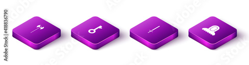 Set Isometric Medieval axe, Old key, sword and hood icon. Vector.
