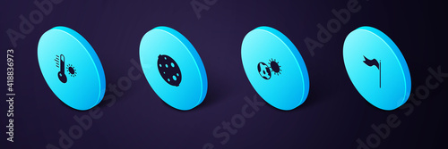 Set Isometric Meteorology windsock wind vane, Earth globe and sun, Moon and thermometer icon. Vector.