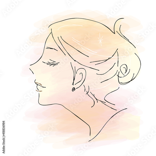 手描き_女性_イラスト_横顔_アップ_おしゃれ_パステル hand drawn beauty women illust image side view pastel color