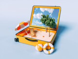 3d Travel suitcase. Beach vacation concept