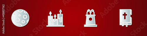 Set Moon, Burning candles, Stage stand or tribune and Holy bible book icon. Vector.