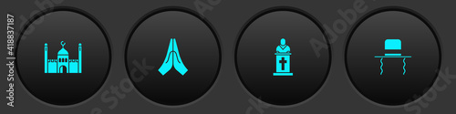 Set Muslim Mosque, Hands in praying position, Church pastor preaching and Orthodox jewish hat with sidelocks icon. Vector.