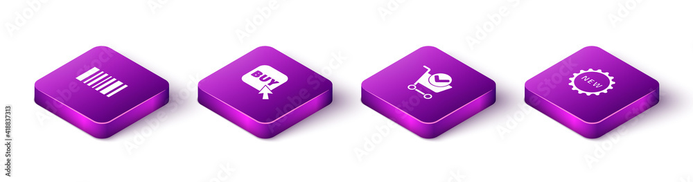 Set Isometric Barcode, Buy button, Shopping cart with check mark and Price tag text New icon. Vector. Set Isometric Barcode, Buy button, Shopping cart with check mark and Price tag text New icon. Vector.