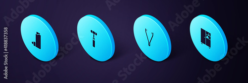 Set Isometric Medicine cabinet, Medical tweezers, Neurology reflex hammer and Inhaler icon. Vector.
