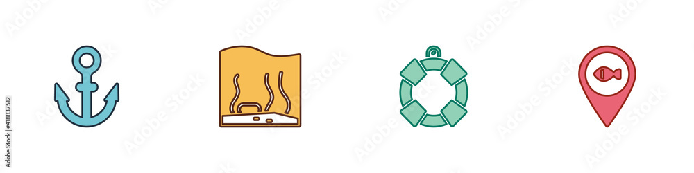 Set Anchor, Aquarium, Lifebuoy and Location fishing icon. Vector.