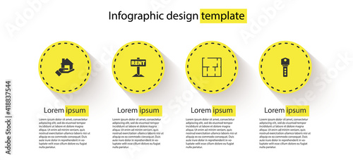 Set Realtor, Hanging sign with Rent, House plan and key. Business infographic template. Vector.