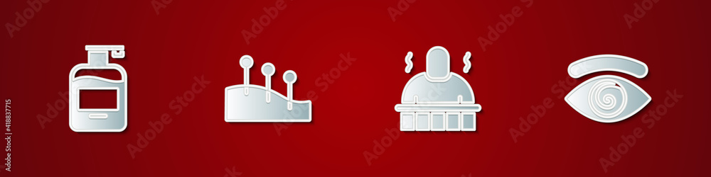 Set Bottle of liquid soap, Acupuncture therapy, Sauna and spa procedures and Hypnosis icon. Vector. Set Bottle of liquid soap, Acupuncture therapy, Sauna and spa procedures and Hypnosis icon. Vector.