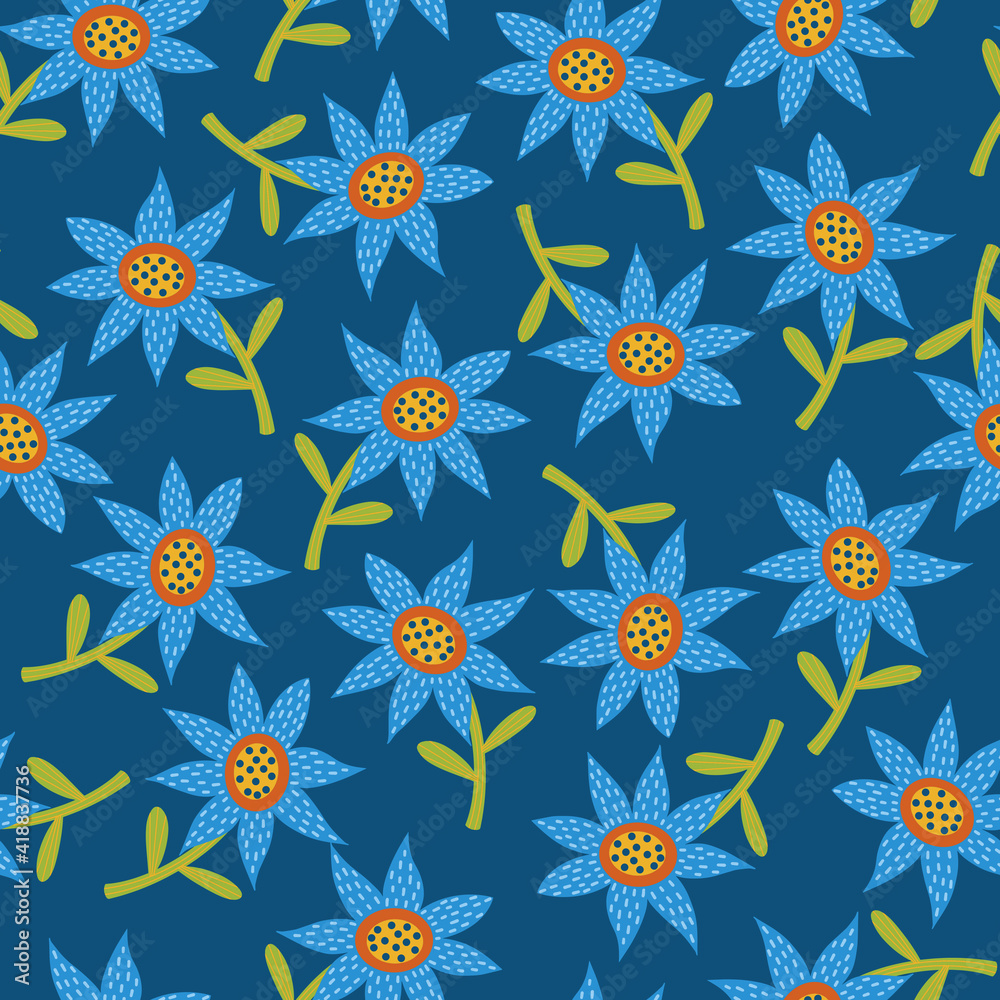 Seamless vector pattern of blue flowers randomly arranged on a dark blue background. Hand drawn trendy print in flat style