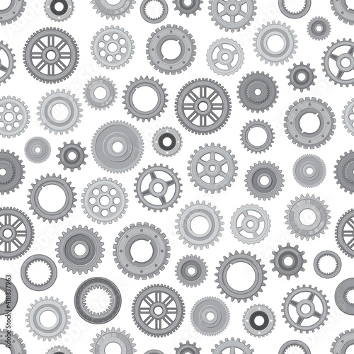 Machine metal gearwheels seamless pattern. Background with industrial machinery, car engine and bicycle cogwheels vector. Technology and industry wallpaper with gearbox, transmission spare parts
