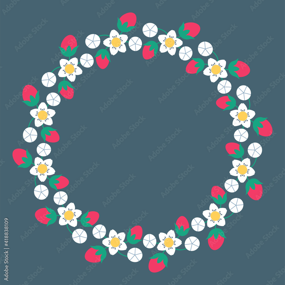 Beautiful round frame with strawberries. Festive design. Floral gold border. Vector illustration EPS10 Beautiful round frame with strawberries. Festive design. Floral gold border. Vector illustration EPS10