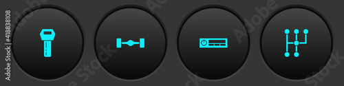 Set Car key with remote, Chassis car, Audio and Gear shifter icon. Vector.