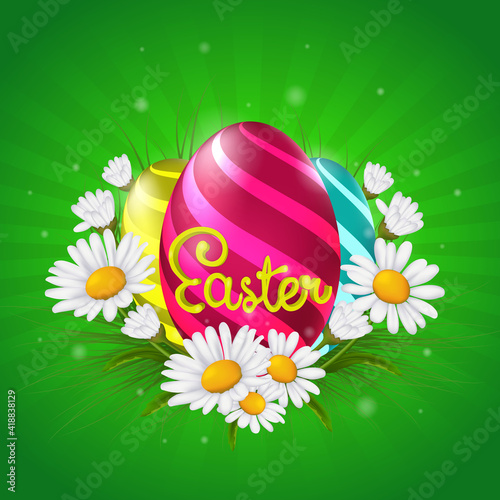 Easter festive card with multicolored eggs on the grass with chamomiles on a green background