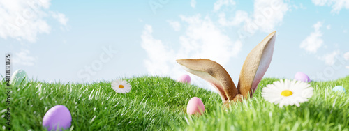 Canvas Print Easter landscape, rabbit ear with colorful eggs and daisy flower on meadow under beautiful sky