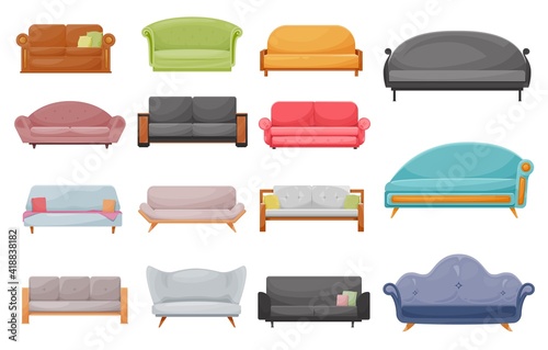 Modern sofa, classic or retro couch cartoon vector set. Comfortable two-seater lawson sofa, loveseat, chaise and futon couch with leather or fabric upholstery and soft pillows. House, office furniture