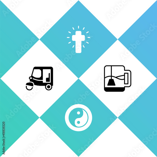 Set Taxi tuk tuk, Yin Yang, Christian cross and Cup of tea with tea bag icon. Vector.