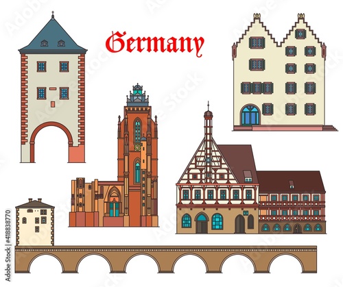 Germany landmarks architecture and German city houses buildings, vector. Germany landmarks of Forchheim rathaus, Oppenheim Gautor monument, Limburg old bridge and Wetzlar cathedral in Bavaria, Hessen photo