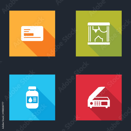 Set Business card, 3D printer, Printer ink bottle and Scanner icon. Vector.