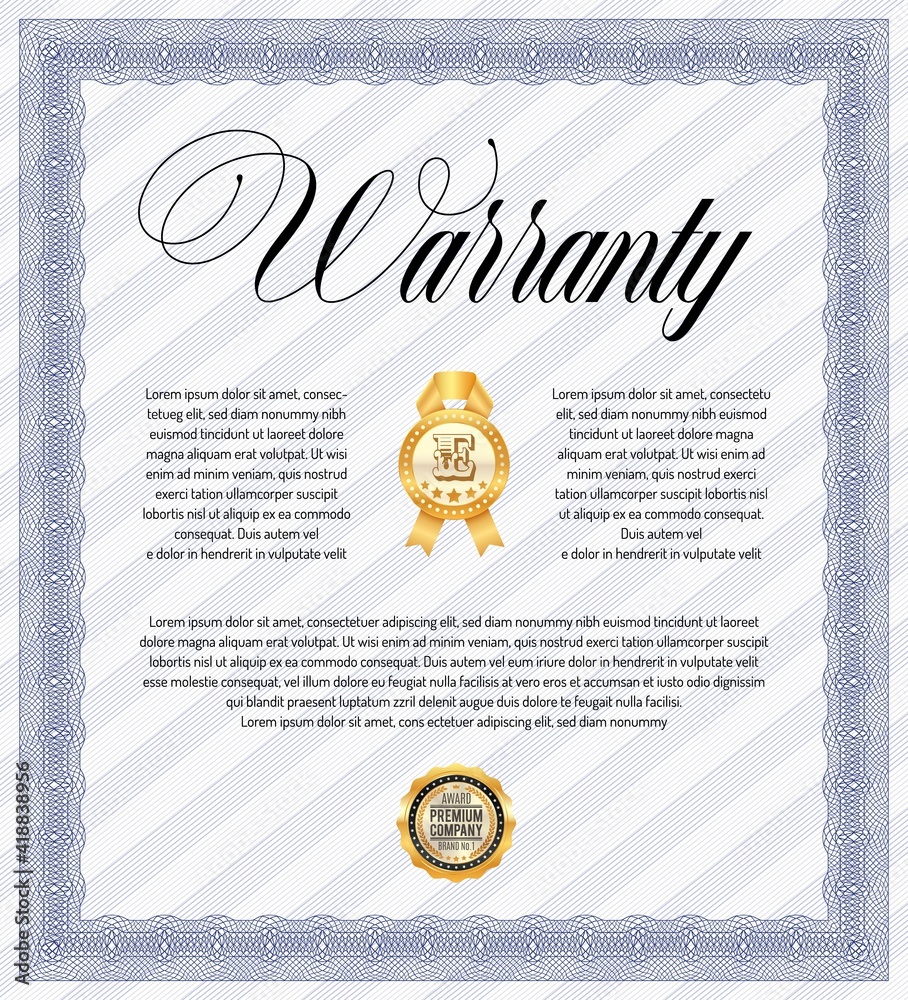 Warranty certificate vector template, diploma border with blue ornate