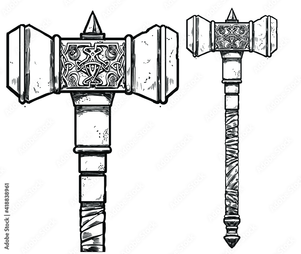 A linear drawing of a beautiful hammer with Scandinavian patterns