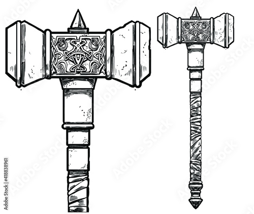 A linear drawing of a beautiful hammer with Scandinavian patterns, drawn with many small details of scratches, chips and roughness. 2d illustration.
