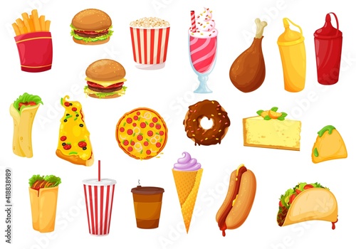 Fast food icons of burger, pizza, vector meals, drinks and snacks. Fast food cafe flat icons of potato fries, soda and sweets, chicken grill and hamburger, fastfood restaurant sandwich and hot dog