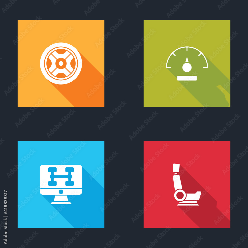 Set Car wheel, Speedometer, Diagnostics condition of car and seat icon. Vector. Set Car wheel, Speedometer, Diagnostics condition of car and seat icon. Vector.