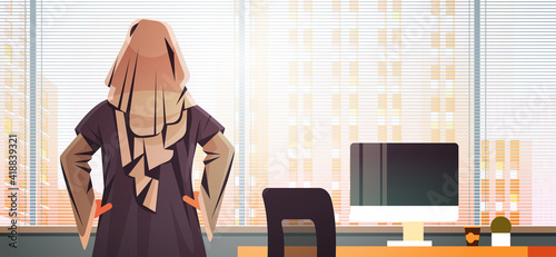 rear view businesswoman looking forward through glass window successful business woman working in office leadership concept female cartoon character portrait horizontal vector illustration