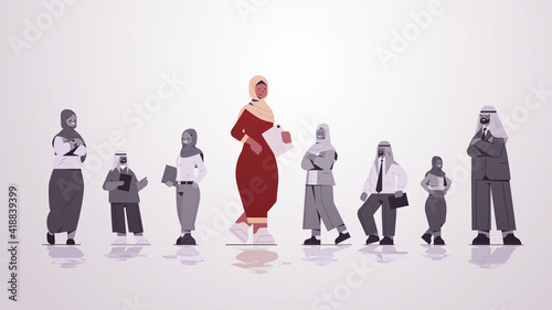 arab businesswoman leader standing in front of arabic businesspeople group leadership business competition concept horizontal full length vector illustration