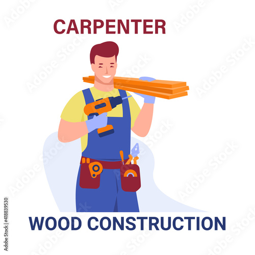 Workinga carpenter builder with drill and boards . Vector illustration in flat cartoon style. Isolated on a white background.