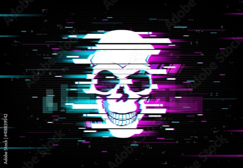 Glitch skull vector distorted neon glowing pixelized cranium or jolly roger on black background. Television messy distortion or vhs tape glitch effect, trippy digital art, horror, dead head smiling