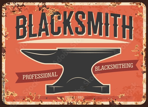 Blacksmith forge, craftsman workshop rusty metal plate. Forge massive anvil vector. Professional smithy shop retro banner with metalwork tool, vintage typography and rust texture frame