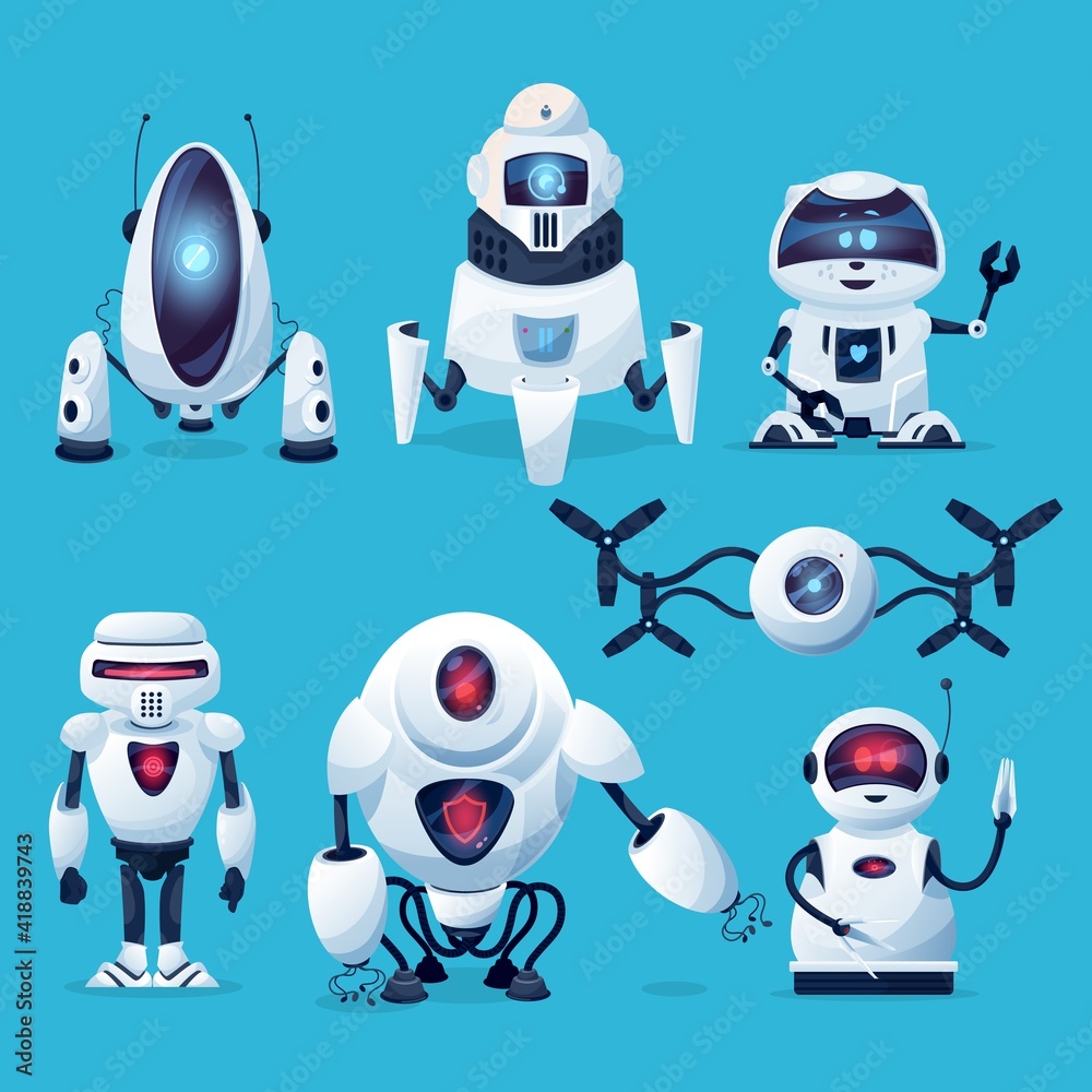 Cartoon robots, vector cyborg characters, toys, pets or bots ...