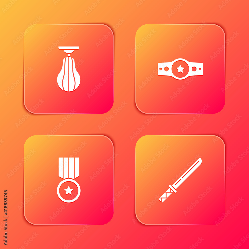 Set Punching bag, Boxing belt, Medal and Japanese katana icon. Vector. Set Punching bag, Boxing belt, Medal and Japanese katana icon. Vector.